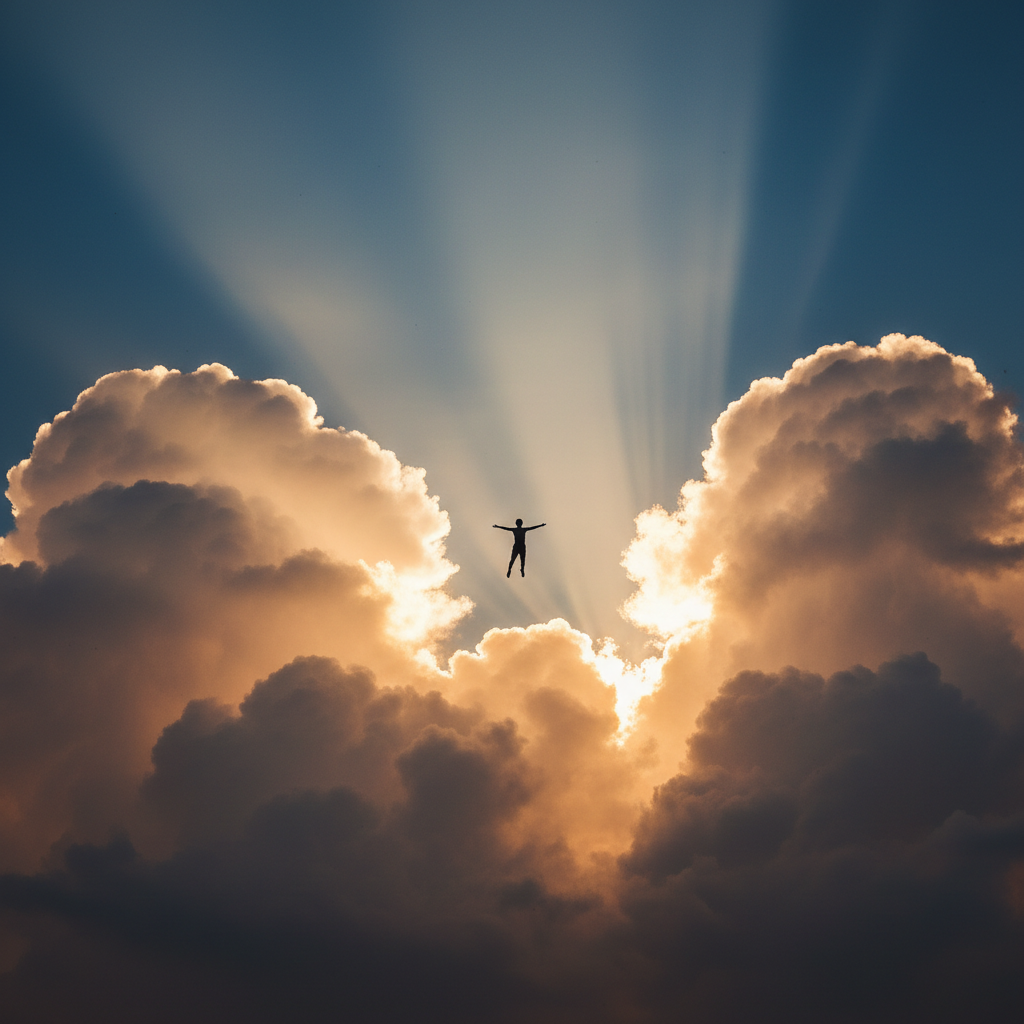 Silhouette of a person floating above a cloud layer at golden hour